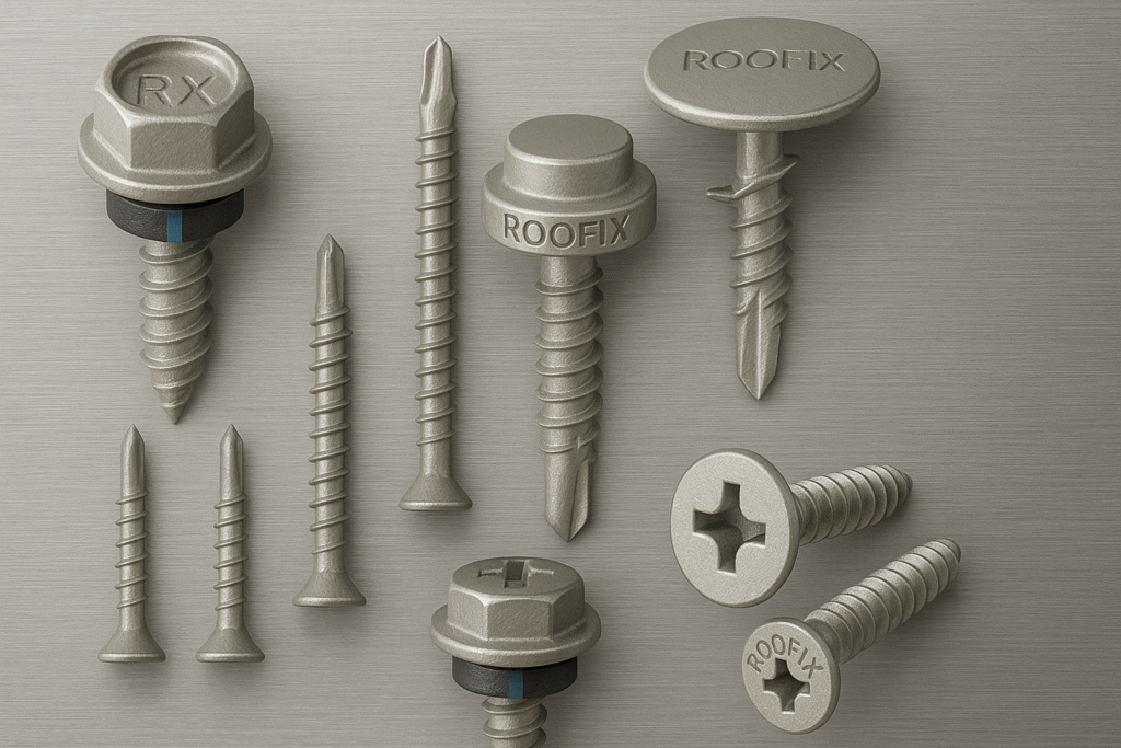 Types of self-drilling screws for roofing and steel structures – hex, wafer, wing tip, and stitching – Roofix