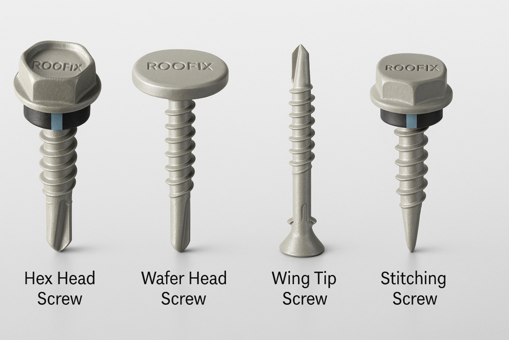 Different types of self-drilling screws including hex head, wafer head, wing tip, and stitching – Roofix product comparison