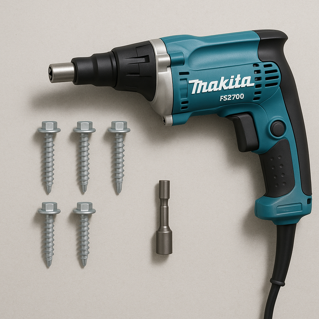 Makita FS2700-compatible screwdriver drill fixing a metal roofing screw into sheet metal