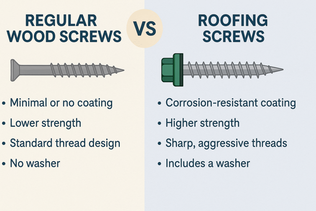 Side-by-side infographic showing difference between cheap and high-performance wood screws for roofing