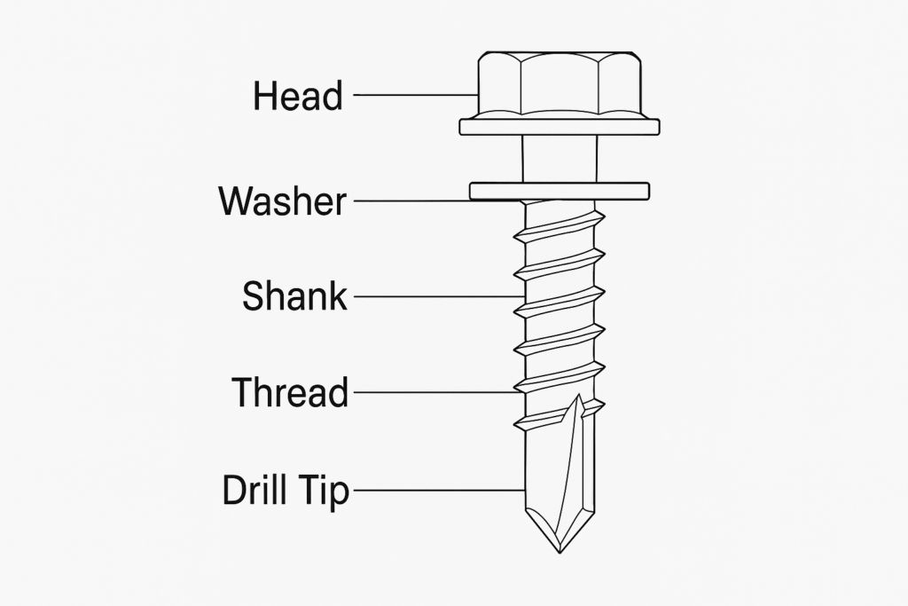 Labeled diagram of a hex head wood screw showing parts