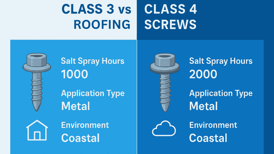 Comparison infographic of Class 3 and Class 4 roofing screws showing differences in coating durability and corrosion resistance.