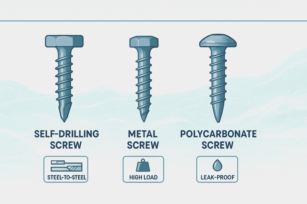 Infographic showing different types of corrosion-resistant roofing screws used in coastal environments — self-drilling, metal, and polycarbonate screws.