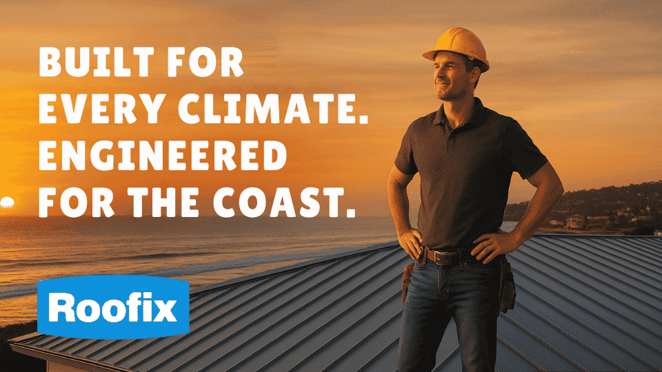 Coastal construction roof at sunset symbolizing durable, corrosion-resistant roofing with Roofix fasteners.