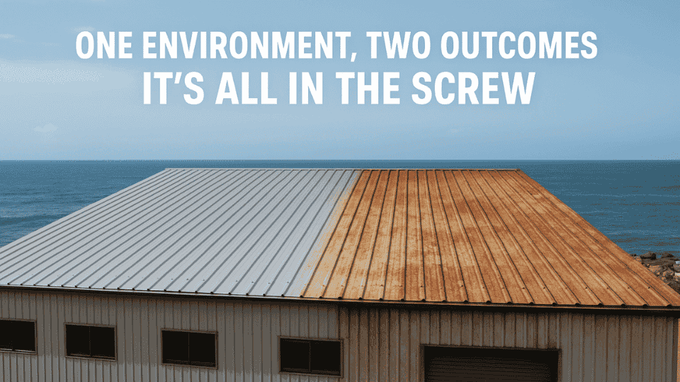 Comparison of rusted and corrosion-resistant roofing screws on a coastal building roof