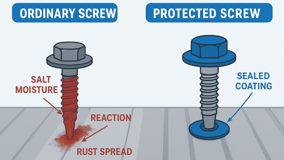Comparison diagram showing how corrosion starts on a regular roofing screw versus a coated corrosion-resistant screw