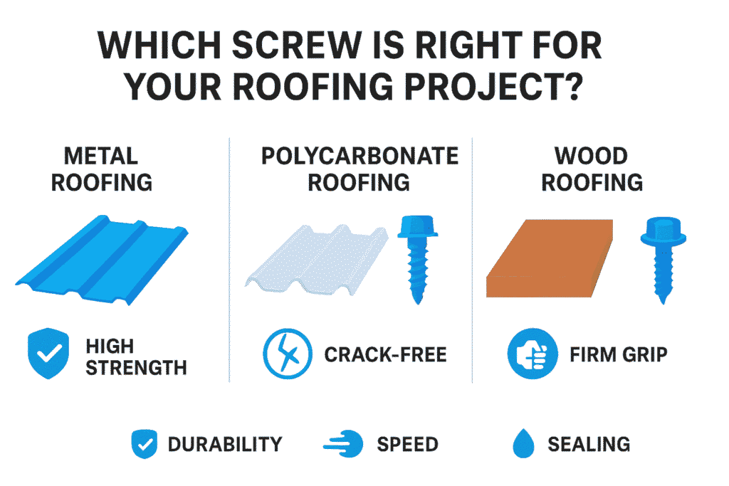 Infographic showing the best screw type for metal, polycarbonate, and wood roofing applications